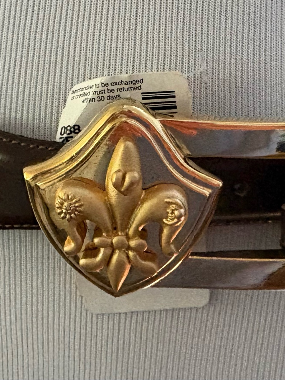 Vtg Vincenz Gold Fleur-de-Lis Shield Buckle Brown Leather Belt Sz 32